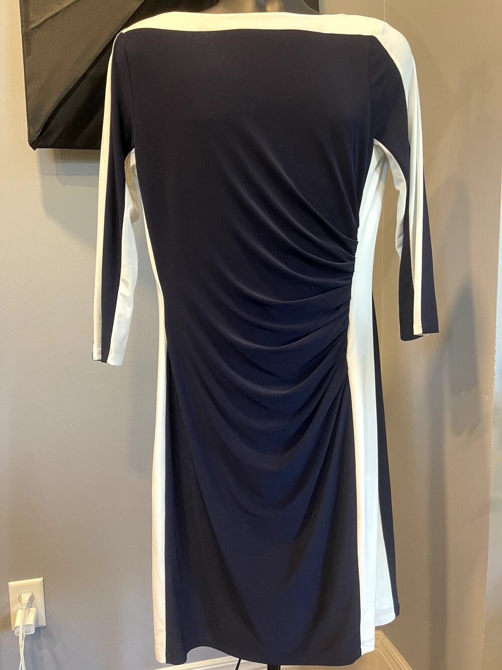 Ralph Lauren Navy Blue White Stretch Rouched Dress Size 14 colorblock